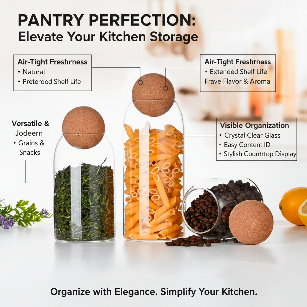 3X Glass Storage Containers, Spherical Cork Lids | Spice, Candy & Food Canister