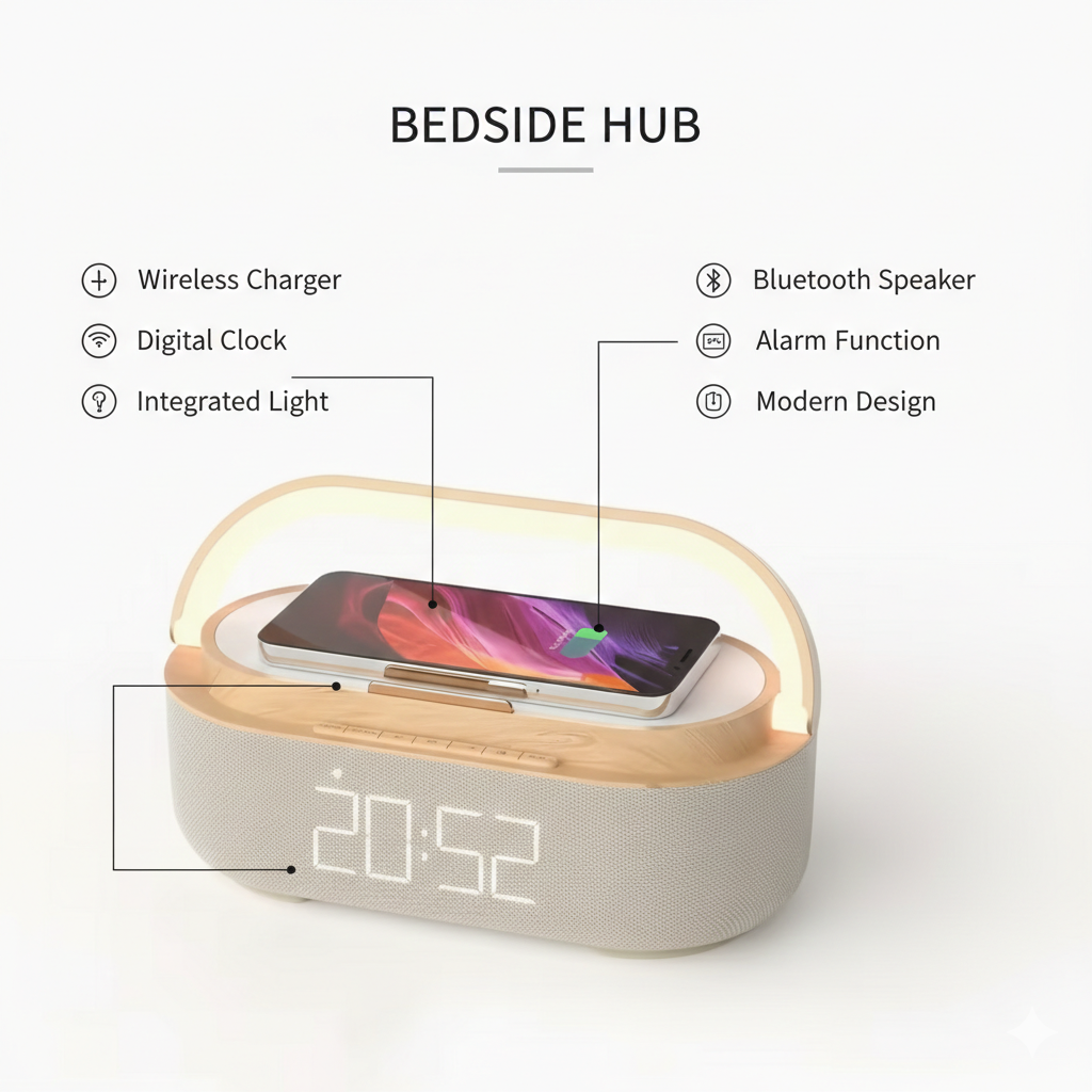 HaloCharge Ambient Light Alarm Clock with Wireless Charging bluetooth speaker