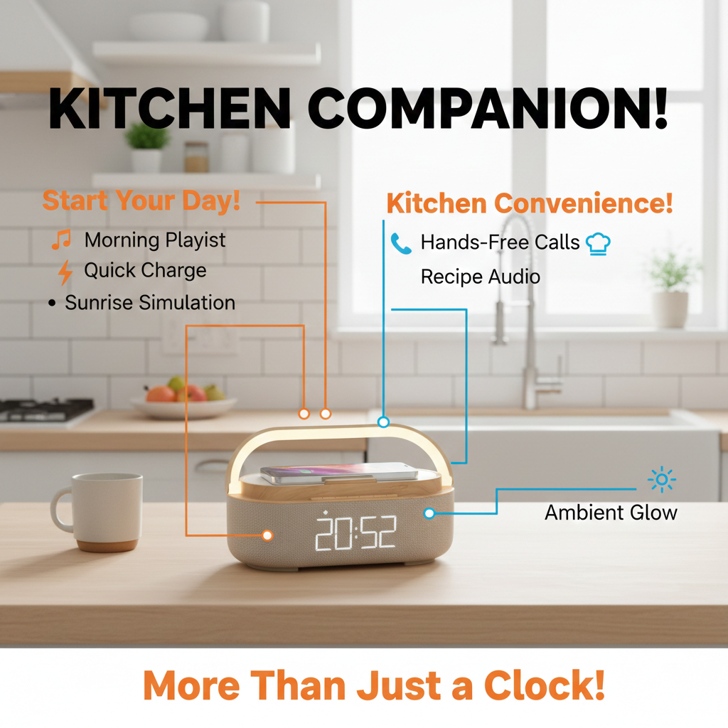 HaloCharge Ambient Light Alarm Clock with Wireless Charging bluetooth speaker