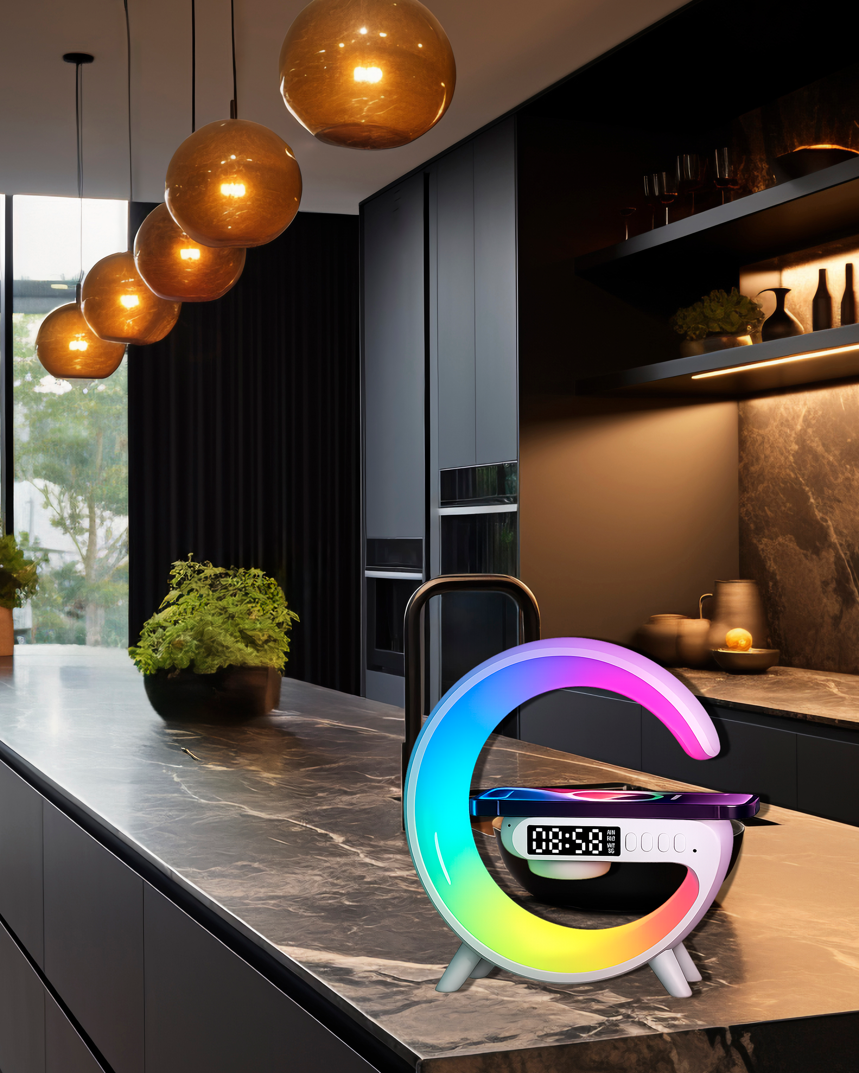 RGB Ambient Light Lamp with Wireless Charger & Wireless Speaker, Alarm Clock