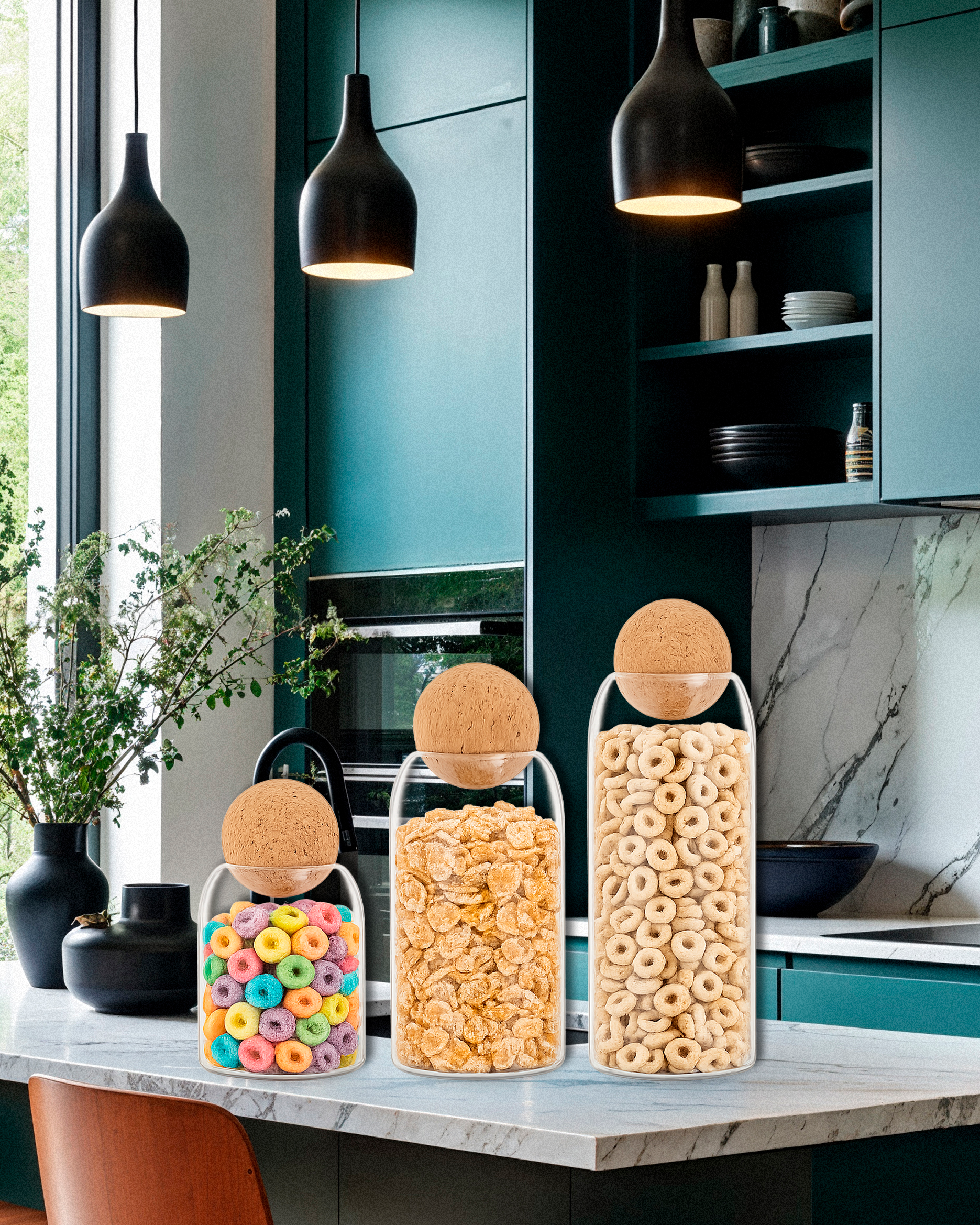 3X Glass Storage Containers, Spherical Cork Lids | Spice, Candy & Food Canister