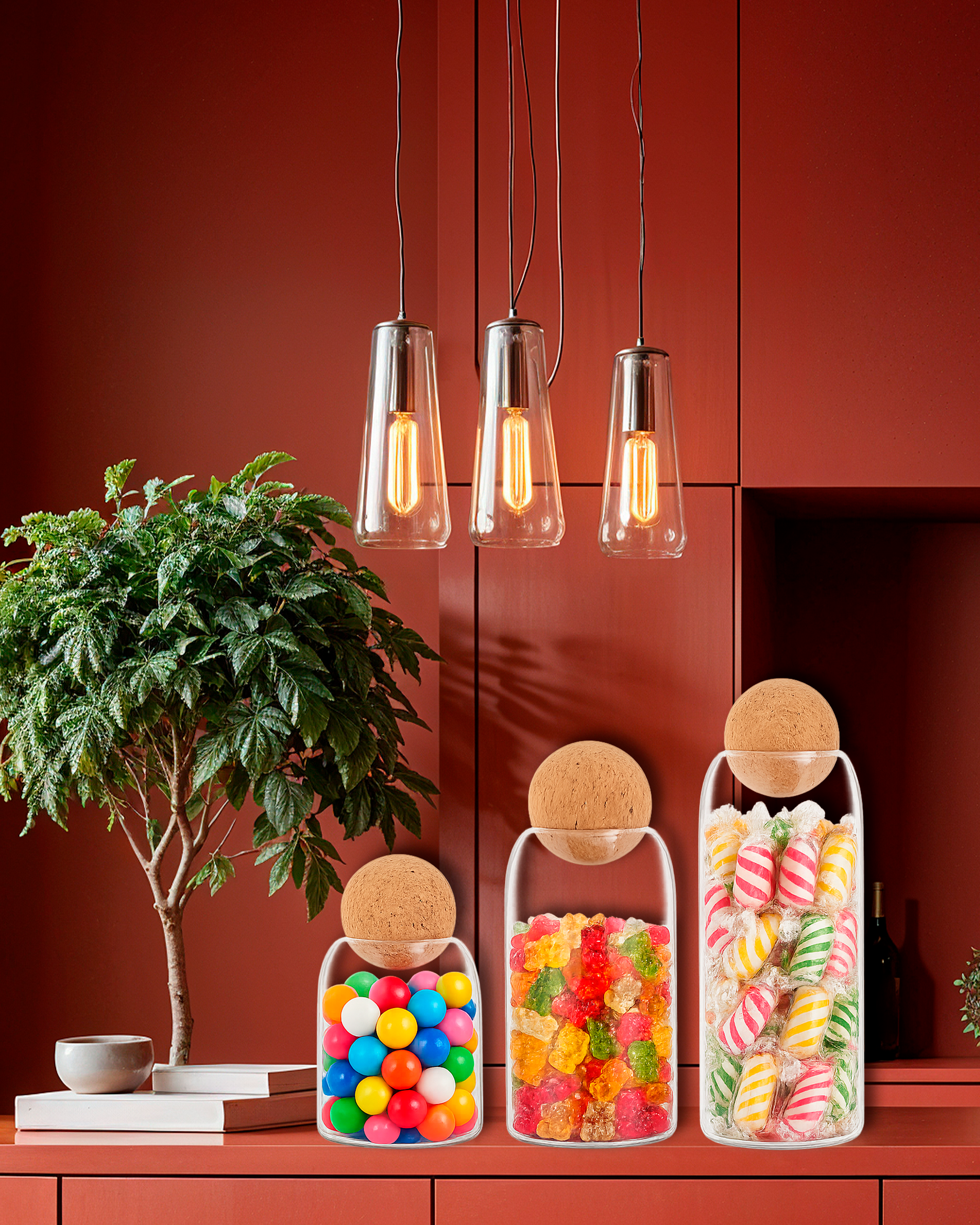 3X Glass Storage Containers, Spherical Cork Lids | Spice, Candy & Food Canister